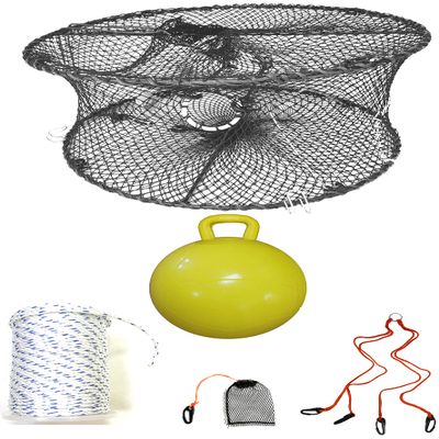 KUFA Sports Foldable Prawn Trap (Stretched Mesh Size:1-3/4") with 400' Rope, Yellow Float, Plastic Vented Bait Cage & Harness Combo (PRN59+PBSH5)