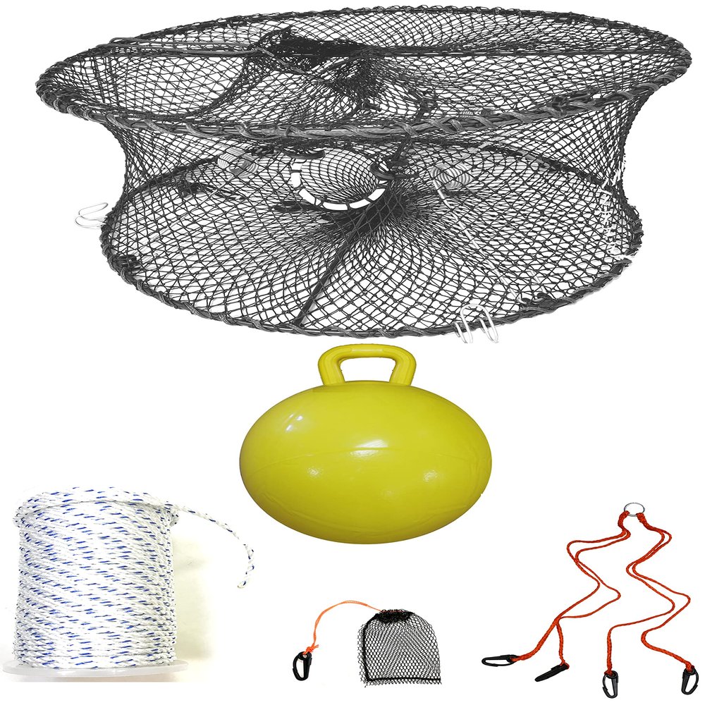 KUFA Sports Foldable Prawn Trap (Stretched Mesh Size:1-3/4") with 400' Rope, Yellow Float, Plastic Vented Bait Cage & Harness Combo (PRN59+PBSH5)