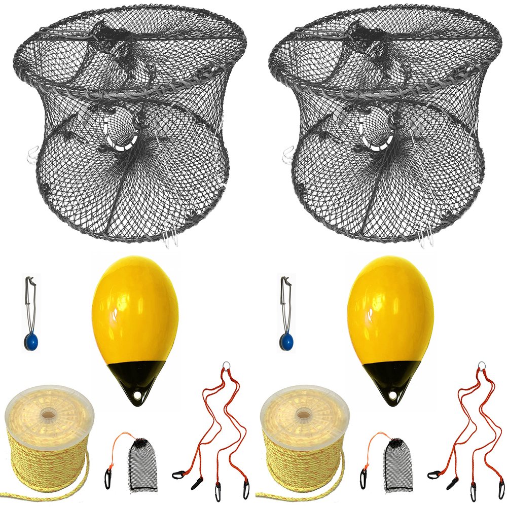 2-Pack of KUFA Sports Foldable Prawn Trap (Stretched Mesh Size:1-3/4") with 400' Rope, Yellow Float, Plastic Vented Bait Cage & Harness Combo (PRN59+PBPH30Y) x2