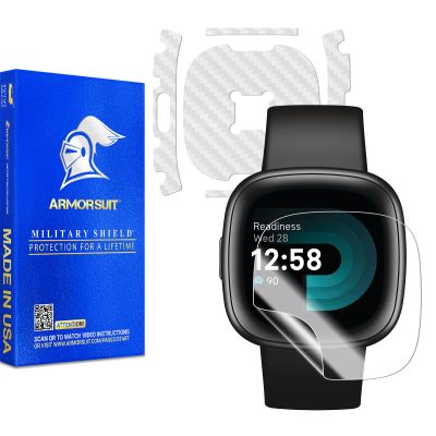 ArmorSuit (1+6 Pack White Carbon Fiber Vinyl Skin + HD Clear Screen Protector for Fitbit Versa 4 Film - Made in USA