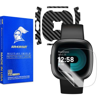 ArmorSuit (1+6 Pack Black Carbon Fiber Vinyl Skin + HD Clear Screen Protector for Fitbit Versa 4 Film - Made in USA