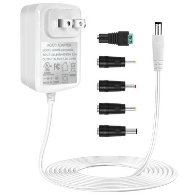 TKDY 24V 1A Power Supply Adapter White with 5 Tips, 24W AC 100-240V to DC 24 Volt Power Cord, Class 2 Switching for LED Light Strip, String Lights, Soundbar, Massage Gun and More.