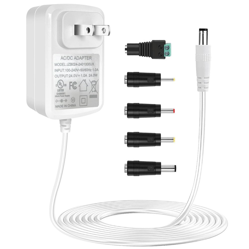 TKDY 24V 1A Power Supply Adapter White with 5 Tips, 24W AC 100-240V to DC 24 Volt Power Cord, Class 2 Switching for LED Light Strip, String Lights, Soundbar, Massage Gun and More.