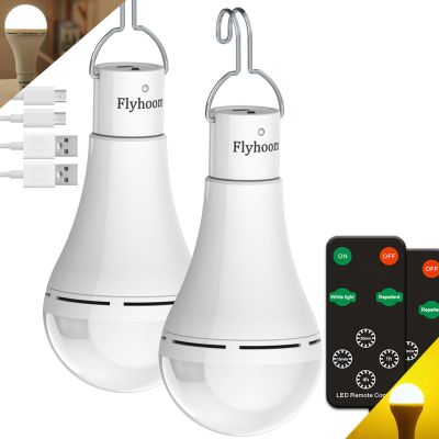 FLYHOOM USB Rechargeable Light Bulbs with Remote Timer, 5 Light Modes, Daylight & Amber Light,1800mAh Rechargeable LED Light Bulb for Camping, Hiking, Emergency