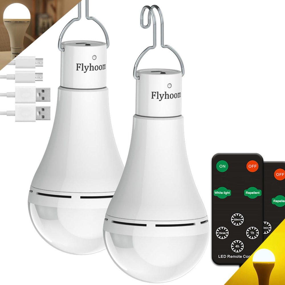 FLYHOOM USB Rechargeable Light Bulbs with Remote Timer, 5 Light Modes, Daylight & Amber Light,1800mAh Rechargeable LED Light Bulb for Camping, Hiking, Emergency
