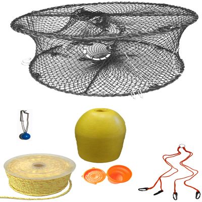 KUFA Sports Foldable Prawn Trap (Stretched Mesh Size:1-3/4") with 400' Rope, Yellow Float, Bait Bag & Harness Combo (PRN59+PAP3+HA2)