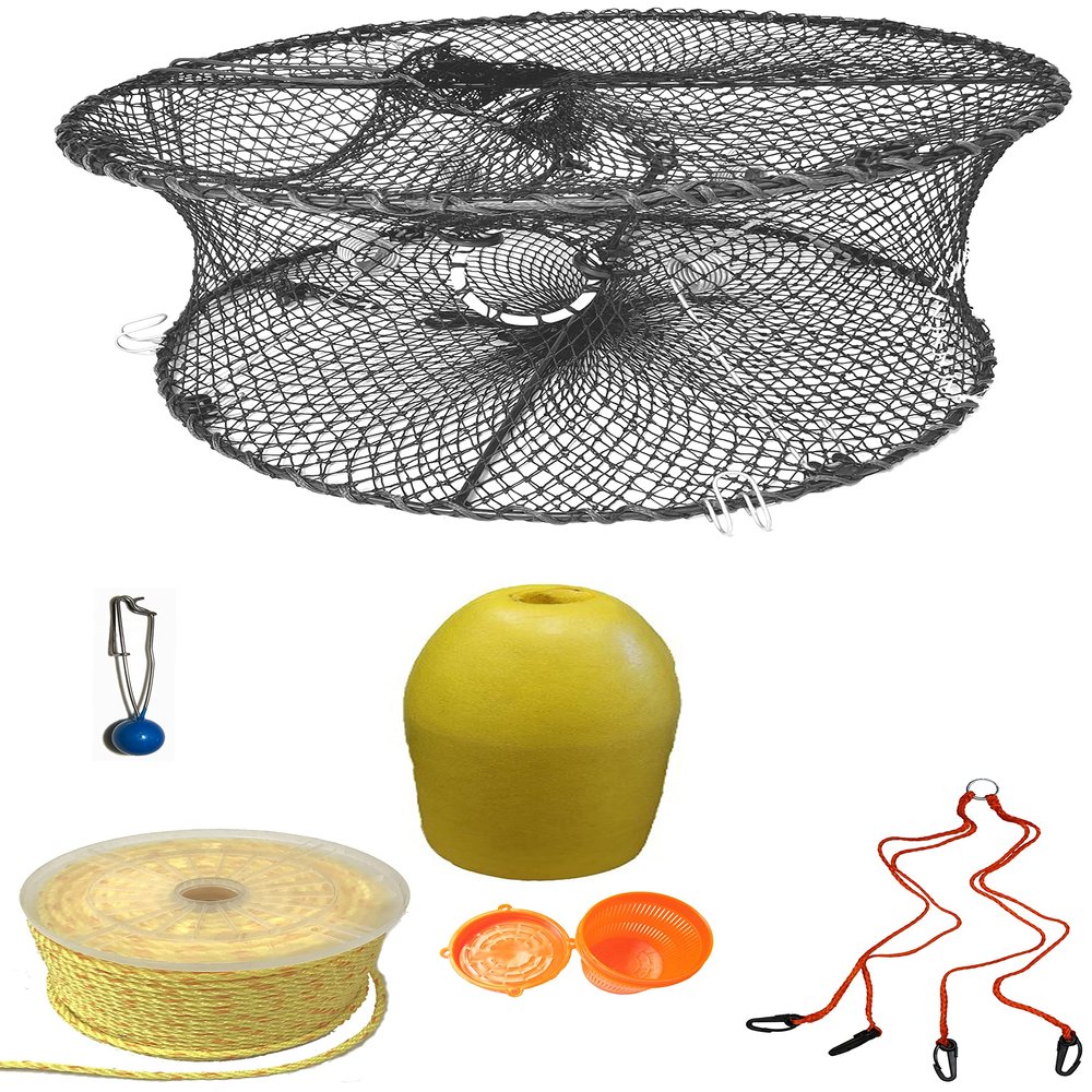 KUFA Sports Foldable Prawn Trap (Stretched Mesh Size:1-3/4") with 400' Rope, Yellow Float, Bait Bag & Harness Combo (PRN59+PAP3+HA2)