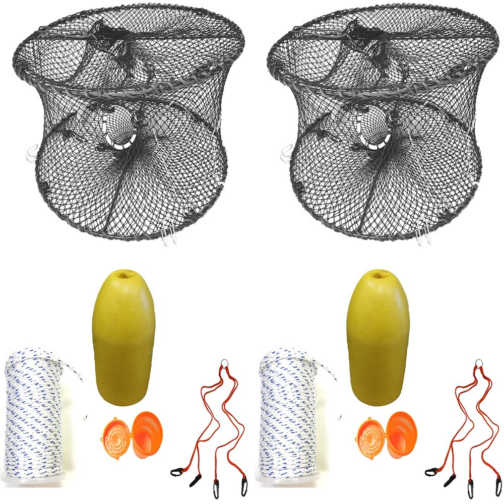 2-Pack of KUFA Sports Foldable Prawn Trap (Stretched Mesh Size:1-3/4") with 400' Rope, Yellow Float, Bait Bag & Harness Combo (PRN59+PAS1+HA2) X2