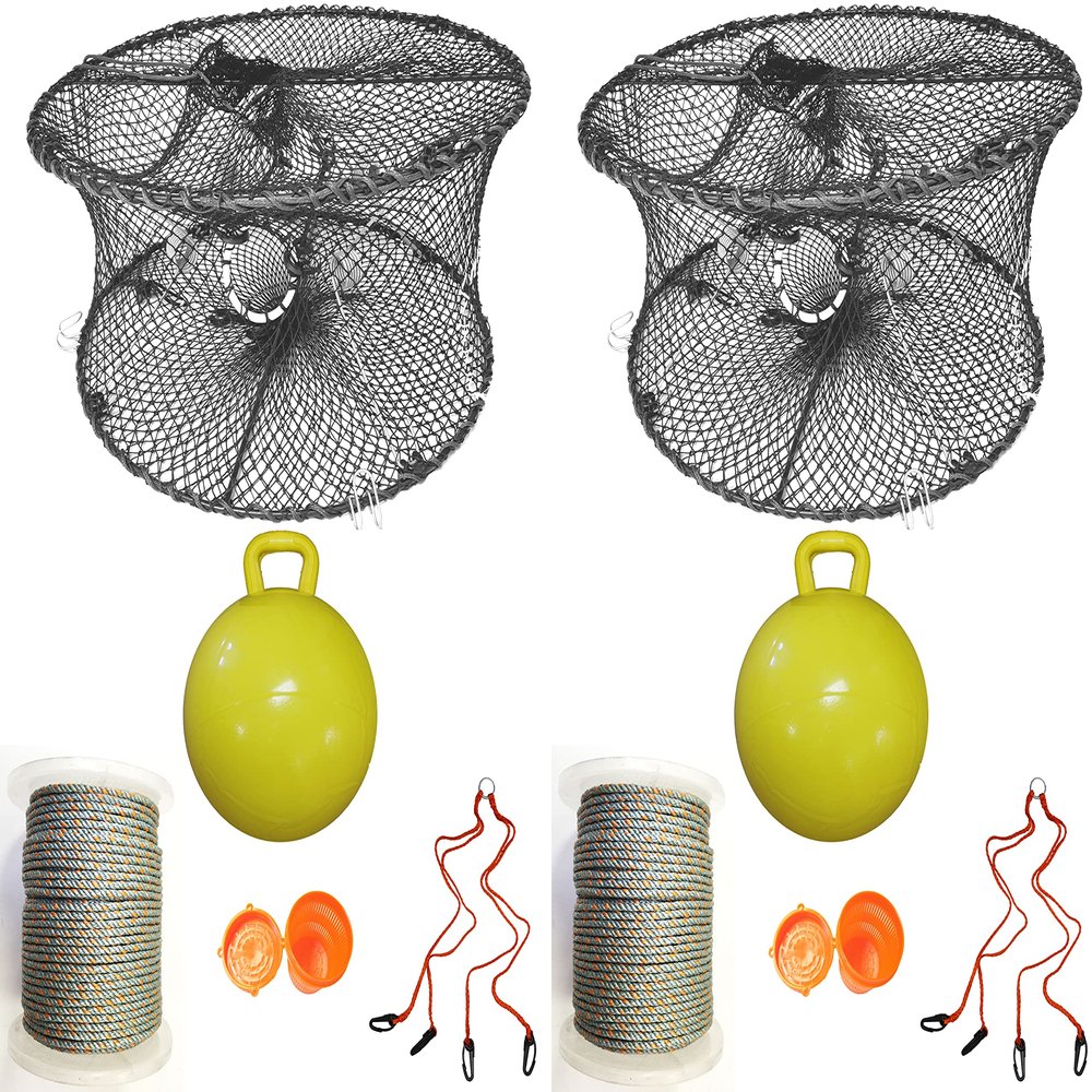 2-Pack of KUFA Sports Foldable Prawn Trap (Stretched Mesh Size:1-3/4") with 400' Rope, Yellow Float, Bait Bag & Harness Combo (PRN59+PAQ5+HA2) X2