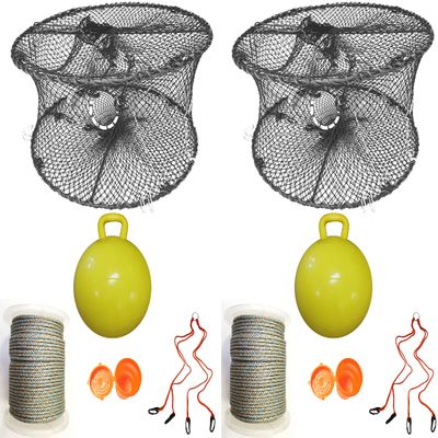 2-Pack of KUFA Sports Foldable Prawn Trap (Stretched Mesh Size:1-3/4") with 400' Rope, Yellow Float, Bait Bag & Harness Combo (PRN59+PAL5+HA2) X2
