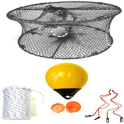 KUFA Sports Foldable Prawn Trap (Stretched Mesh Size:1-3/4") with 400' Rope, Yellow Float, Bait Bag & Harness Combo (PRN59+PAS30Y+HA2)