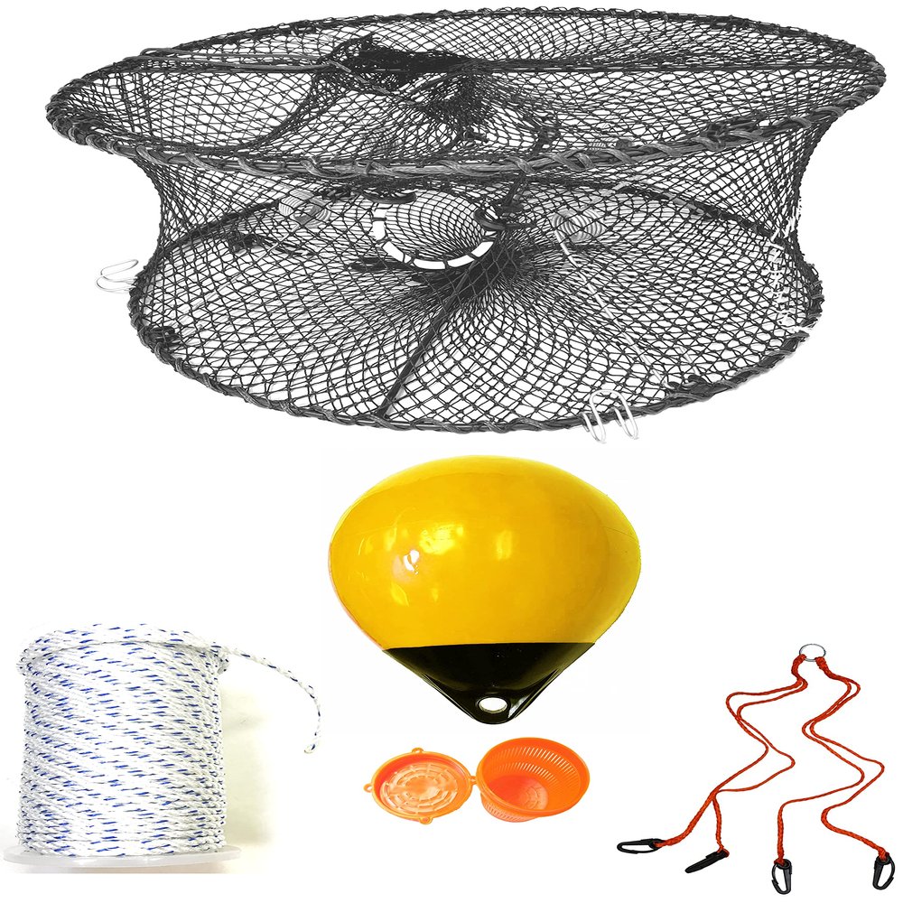 KUFA Sports Foldable Prawn Trap (Stretched Mesh Size:1-3/4") with 400' Rope, Yellow Float, Bait Bag & Harness Combo (PRN59+PAS30Y+HA2)
