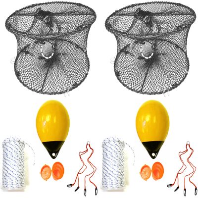 2-Pack of KUFA Sports Foldable Prawn Trap (Stretched Mesh Size:1-3/4") with 400' Rope, Yellow Float, Bait Bag & Harness Combo (PRN59+PAM38Y+HA2) X2