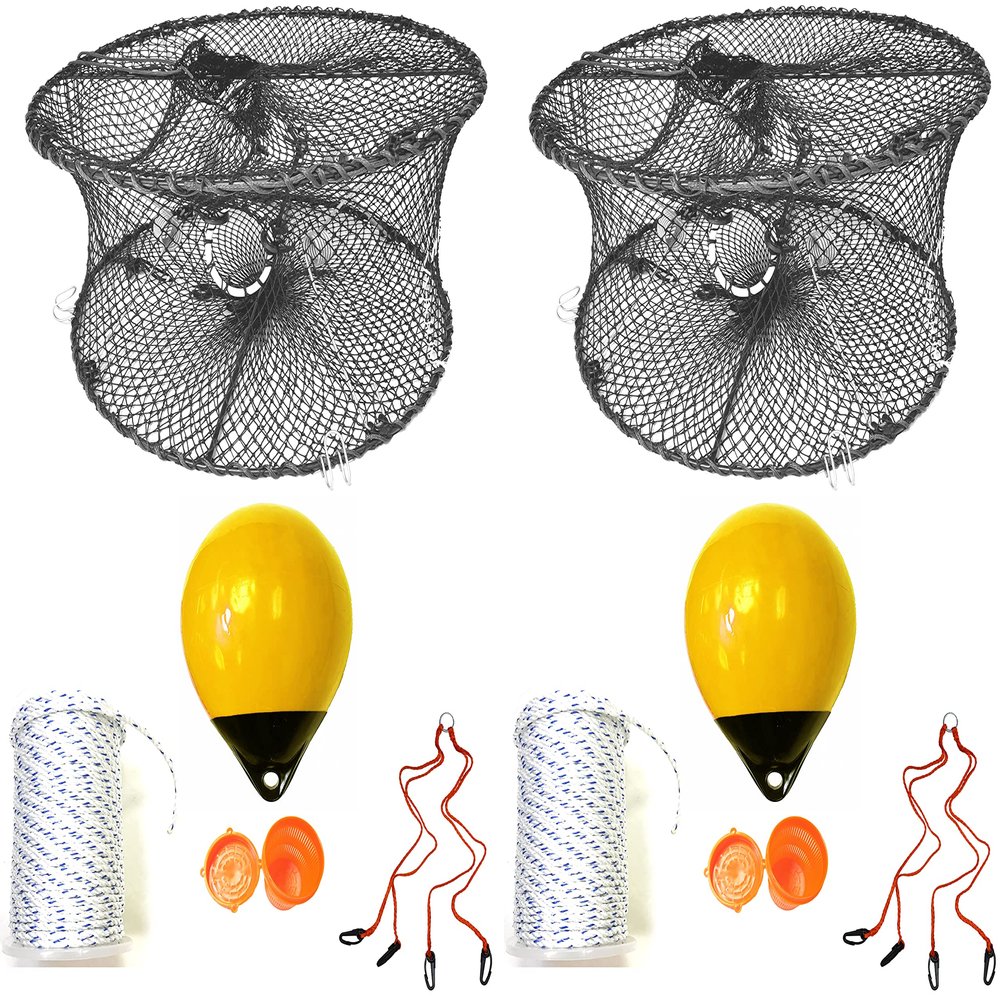 2-Pack of KUFA Sports Foldable Prawn Trap (Stretched Mesh Size:1-3/4") with 400' Rope, Yellow Float, Bait Bag & Harness Combo (PRN59+PAM38Y+HA2) X2