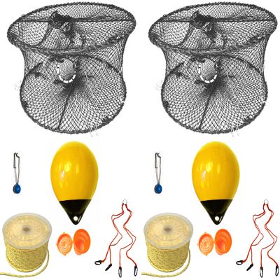 2-Pack of KUFA Sports Foldable Prawn Trap (Stretched Mesh Size:1-3/4") with 400' Rope, Yellow Float, Bait Bag & Harness Combo ((PRN59+PAP38Y+HA2) X2)