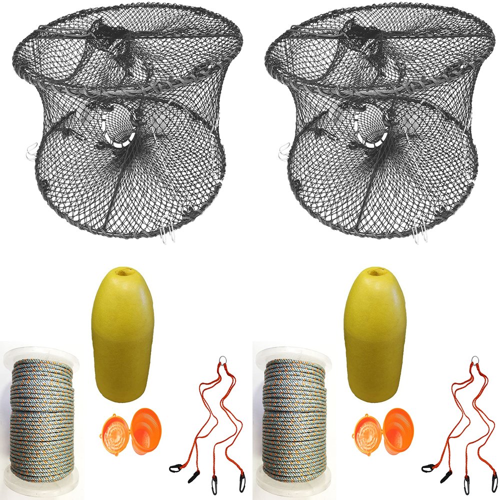2-Pack of KUFA Sports Foldable Prawn Trap (Stretched Mesh Size:1-3/4") with 400' Rope, Yellow Float, Bait Bag & Harness Combo (PRN59+PAL3+HA2) X2