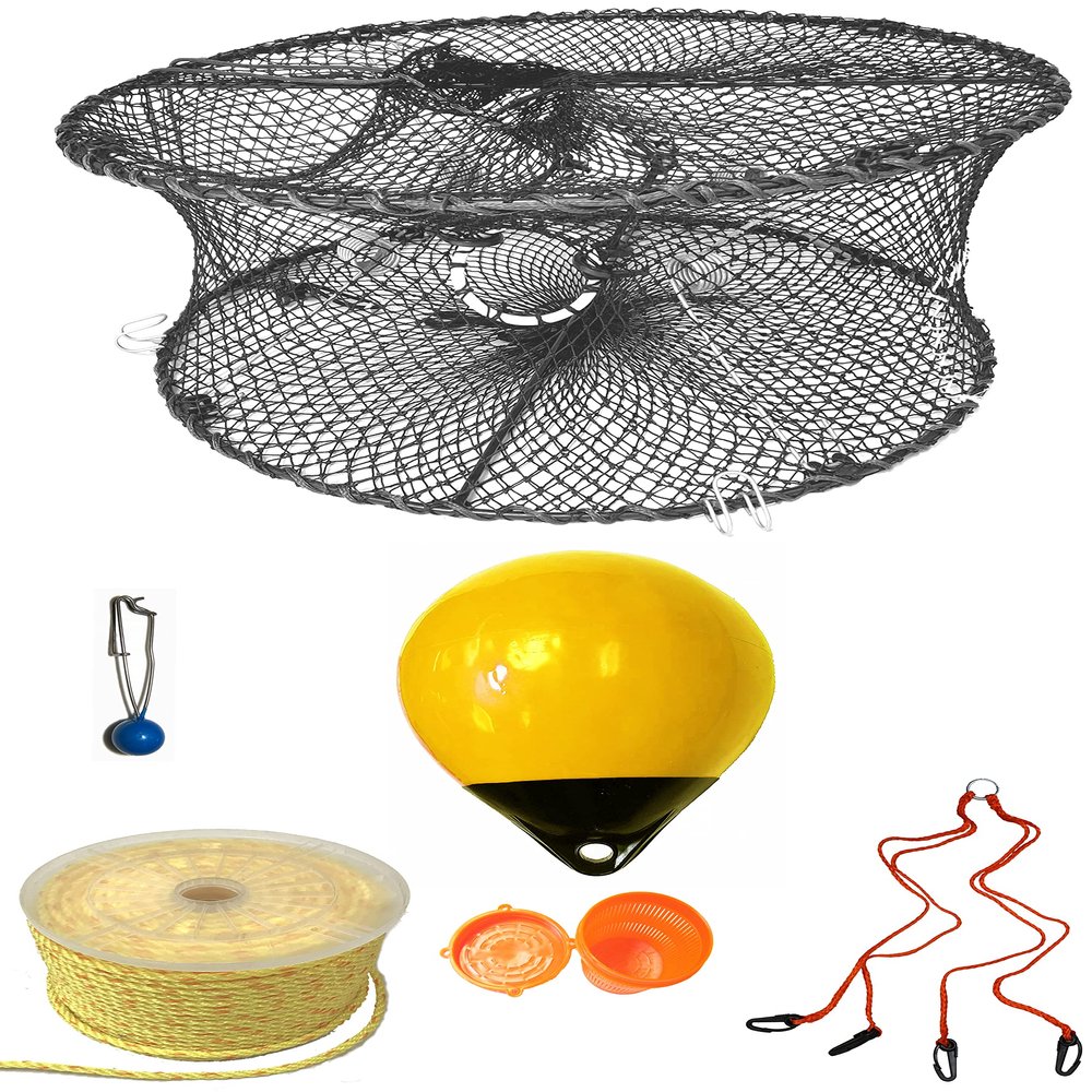KUFA Sports Foldable Prawn Trap (Stretched Mesh Size:1-3/4") with 400' Rope, Yellow Float, Bait Bag & Harness Combo (PRN59+PAP38Y+HA2)