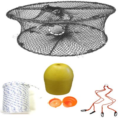 KUFA Sports Foldable Prawn Trap (Stretched Mesh Size:1-3/4") with 400' Rope, Yellow Float, Bait Bag & Harness Combo (PRN59+PAM3+HA2)