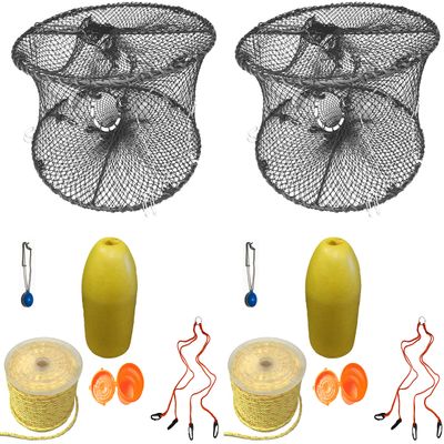 2-Pack of KUFA Sports Foldable Prawn Trap (Stretched Mesh Size:1-3/4") with 400' Rope, Yellow Float, Bait Bag & Harness Combo (PRN59+PAP3+HA2) X2