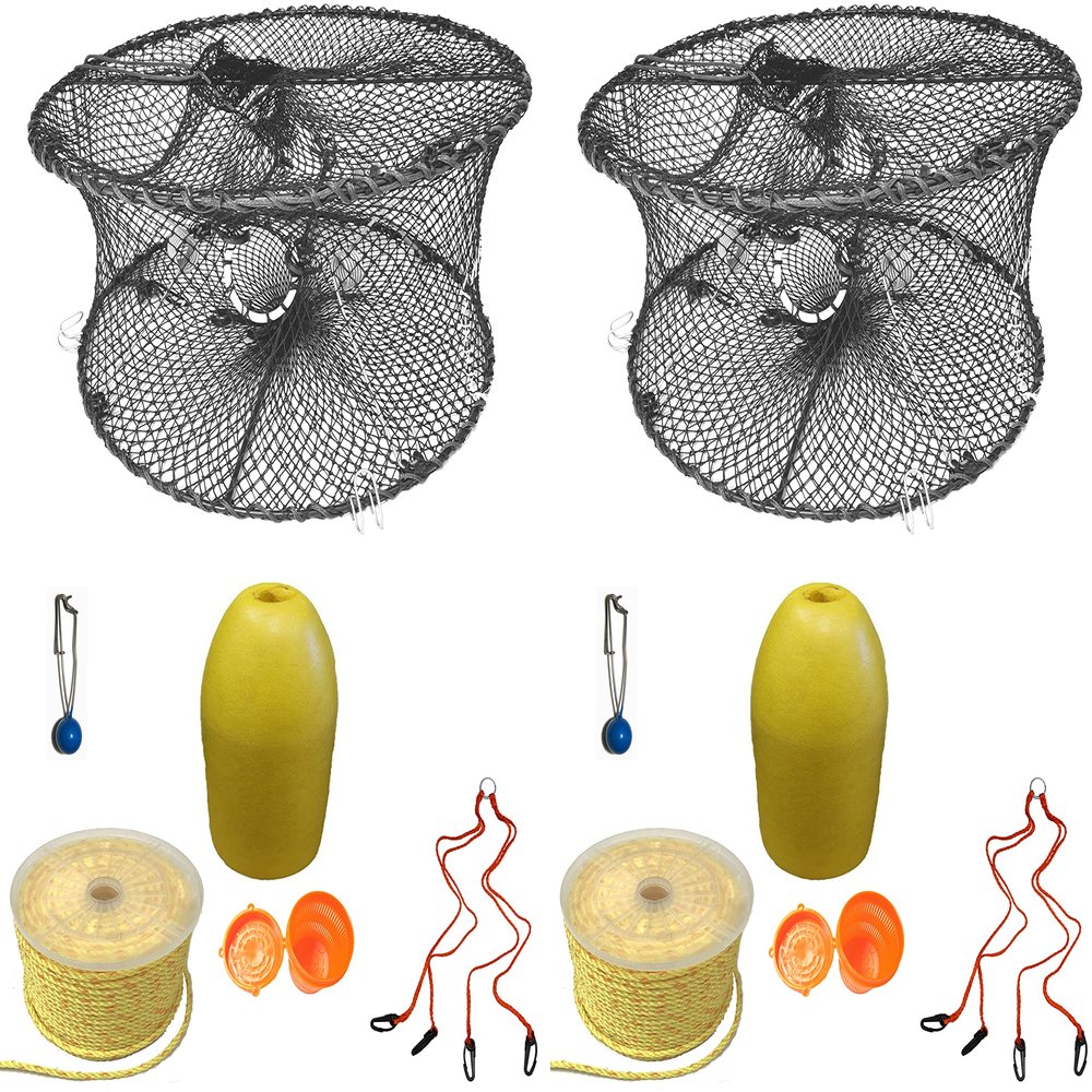 2-Pack of KUFA Sports Foldable Prawn Trap (Stretched Mesh Size:1-3/4") with 400' Rope, Yellow Float, Bait Bag & Harness Combo (PRN59+PAP3+HA2) X2