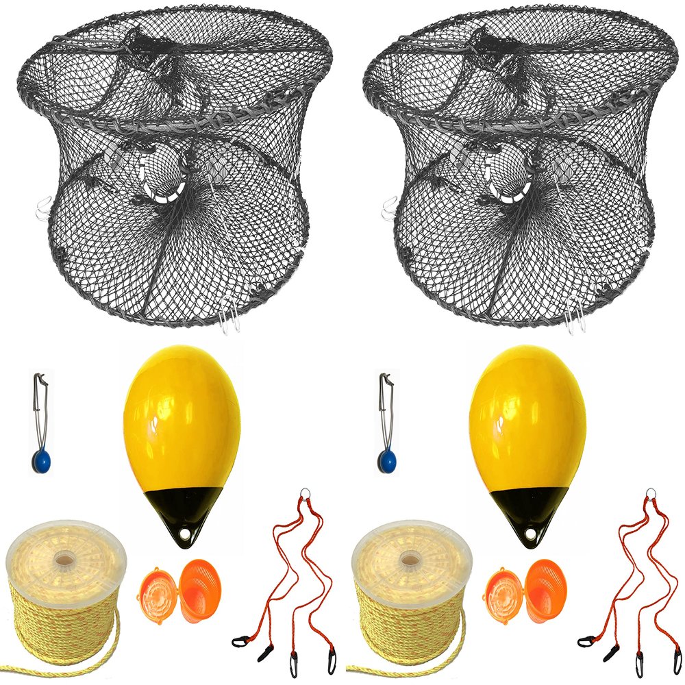 2-Pack of KUFA Sports Foldable Prawn Trap (Stretched Mesh Size:1-3/4") with 400' Rope, Yellow Float, Bait Bag & Harness Combo (PRN59+PAP30Y+HA2) X2