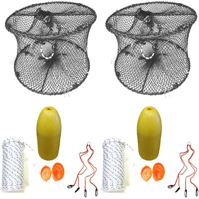 2-Pack of KUFA Sports Foldable Prawn Trap (Stretched Mesh Size:1-3/4") with 400' Rope, Yellow Float, Bait Bag & Harness Combo (PRN59+PAM3+HA2) X2