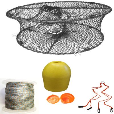 2-Pack of KUFA Sports Foldable Prawn Trap (Stretched Mesh Size:1-3/4") with 400' Rope, Yellow Float, Bait Bag & Harness Combo (PRN59+PAL1+HA2)