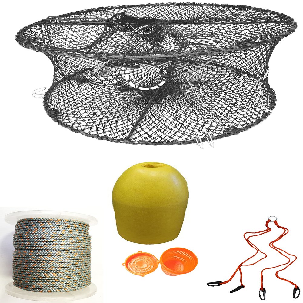 2-Pack of KUFA Sports Foldable Prawn Trap (Stretched Mesh Size:1-3/4") with 400' Rope, Yellow Float, Bait Bag & Harness Combo (PRN59+PAL1+HA2)