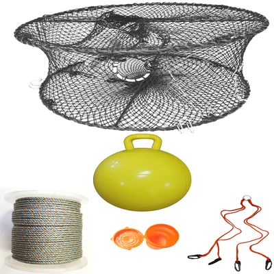 KUFA Sports Foldable Prawn Trap (Stretched Mesh Size:1-3/4") with 400' Rope, Yellow Float, Bait Bag & Harness Combo (PRN59+PAQ5+HA2)