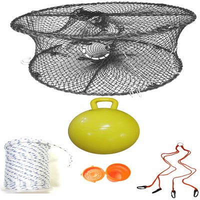 KUFA Sports Foldable Prawn Trap (Stretched Mesh Size:1-3/4") with 400' Rope, Yellow Float, Bait Bag & Harness Combo (PRN59+PAM5+HA2)