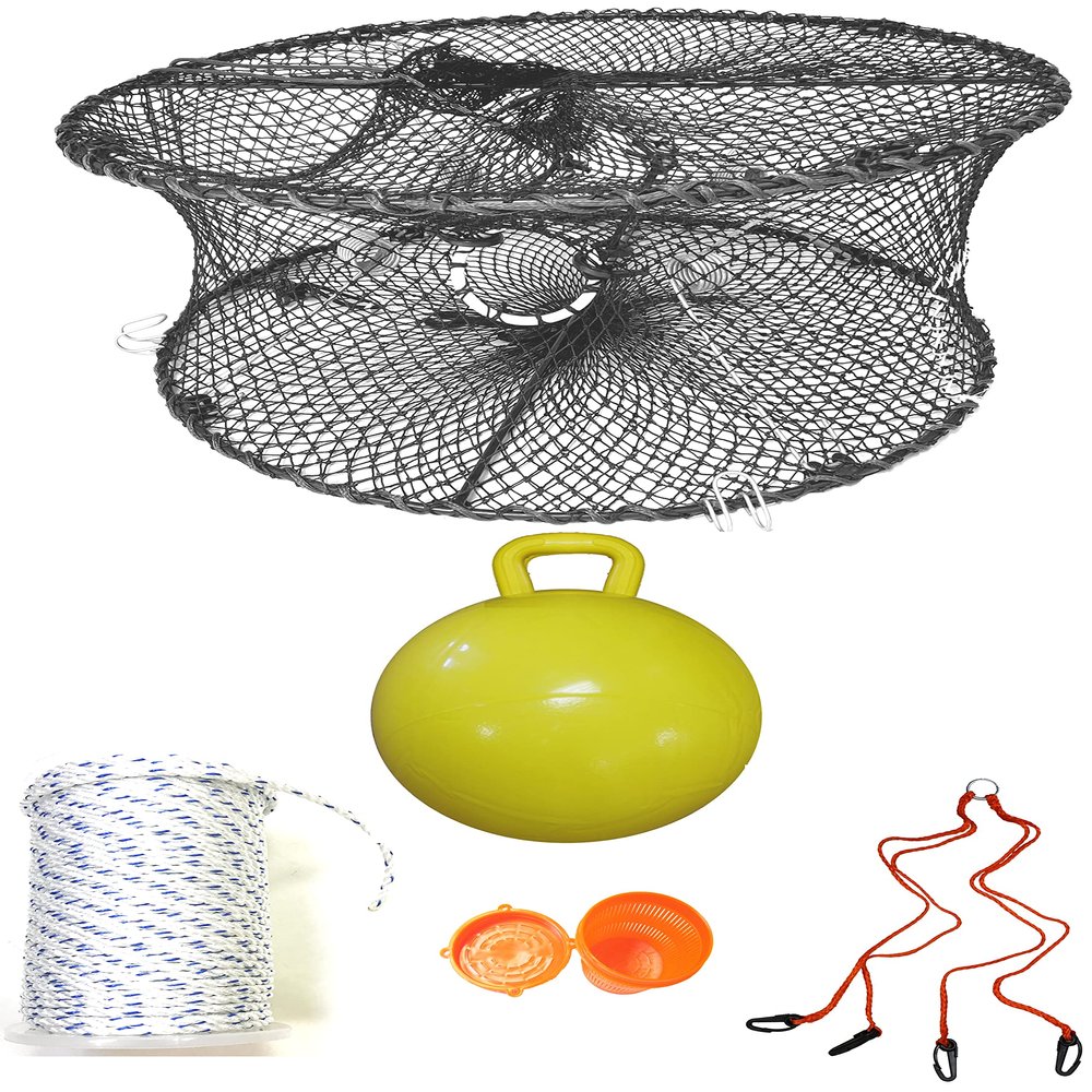 KUFA Sports Foldable Prawn Trap (Stretched Mesh Size:1-3/4") with 400' Rope, Yellow Float, Bait Bag & Harness Combo (PRN59+PAM5+HA2)