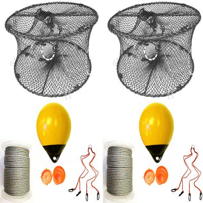 2-Pack of KUFA Sports Foldable Prawn Trap (Stretched Mesh Size:1-3/4") with 400' Rope, Yellow Float, Bait Bag & Harness Combo (PRN59+PAQ38Y+HA2) X2
