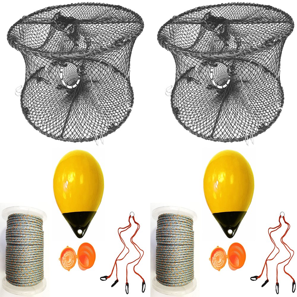 2-Pack of KUFA Sports Foldable Prawn Trap (Stretched Mesh Size:1-3/4") with 400' Rope, Yellow Float, Bait Bag & Harness Combo (PRN59+PAQ38Y+HA2) X2