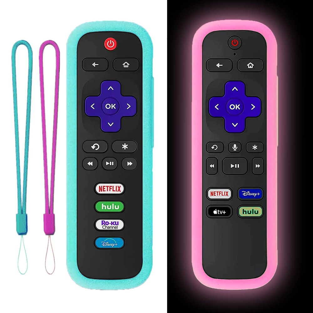 2Pack Silicone Controller Sleeve for Roku Express 4K+ 2021 | Universal Roku Remote Case with Lanyards Glow Pink&Sky Blue