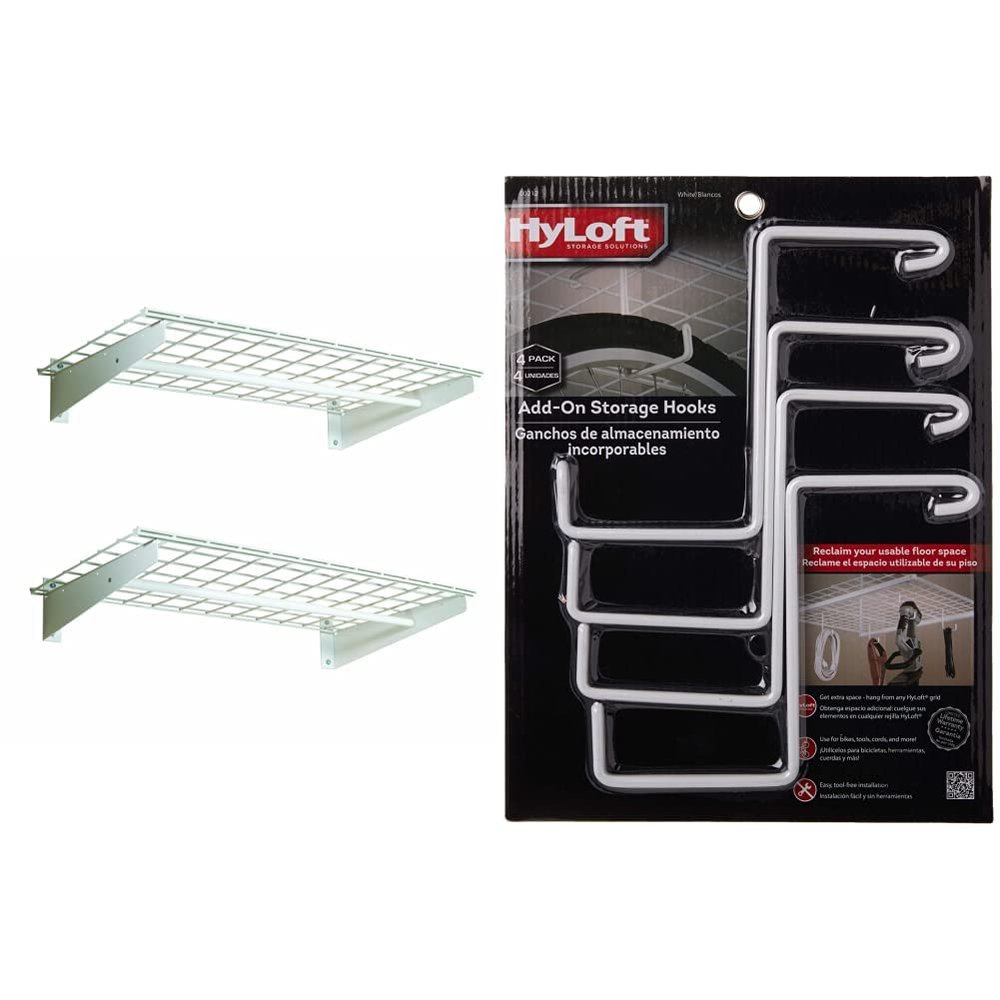 HyLoft 777 36-Inch X 18-Inch Adjustable Steel Wall Shelf (2-Pack) 00212 Add-On Storage Hook Accessory (4 Count)