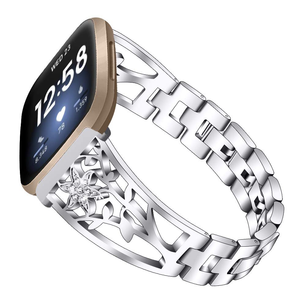 Compatible with Fitbit Versa 4 Bands, Replacement Stainless Steel Strap Adjustable Metal Wristbands for Fitbit Versa 4Smartwatch (Silver)
