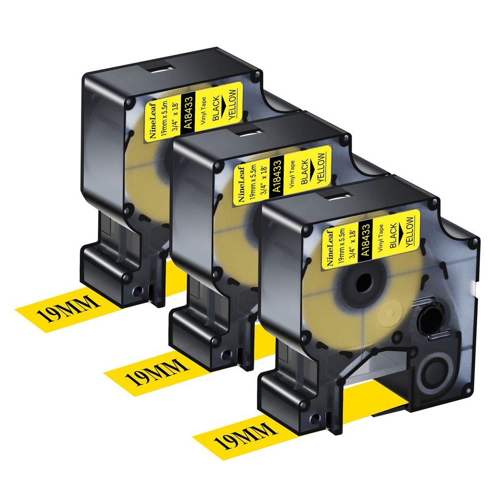NineLeaf 3 Pack Compatible Industrial Tape Replacement for DYMO Rhino 18433 Black on Yellow 19mm Permanent Vinyl Label Tapes 3/4" x 18' for Rhino 5200 4200 5000 6000 Label Makers