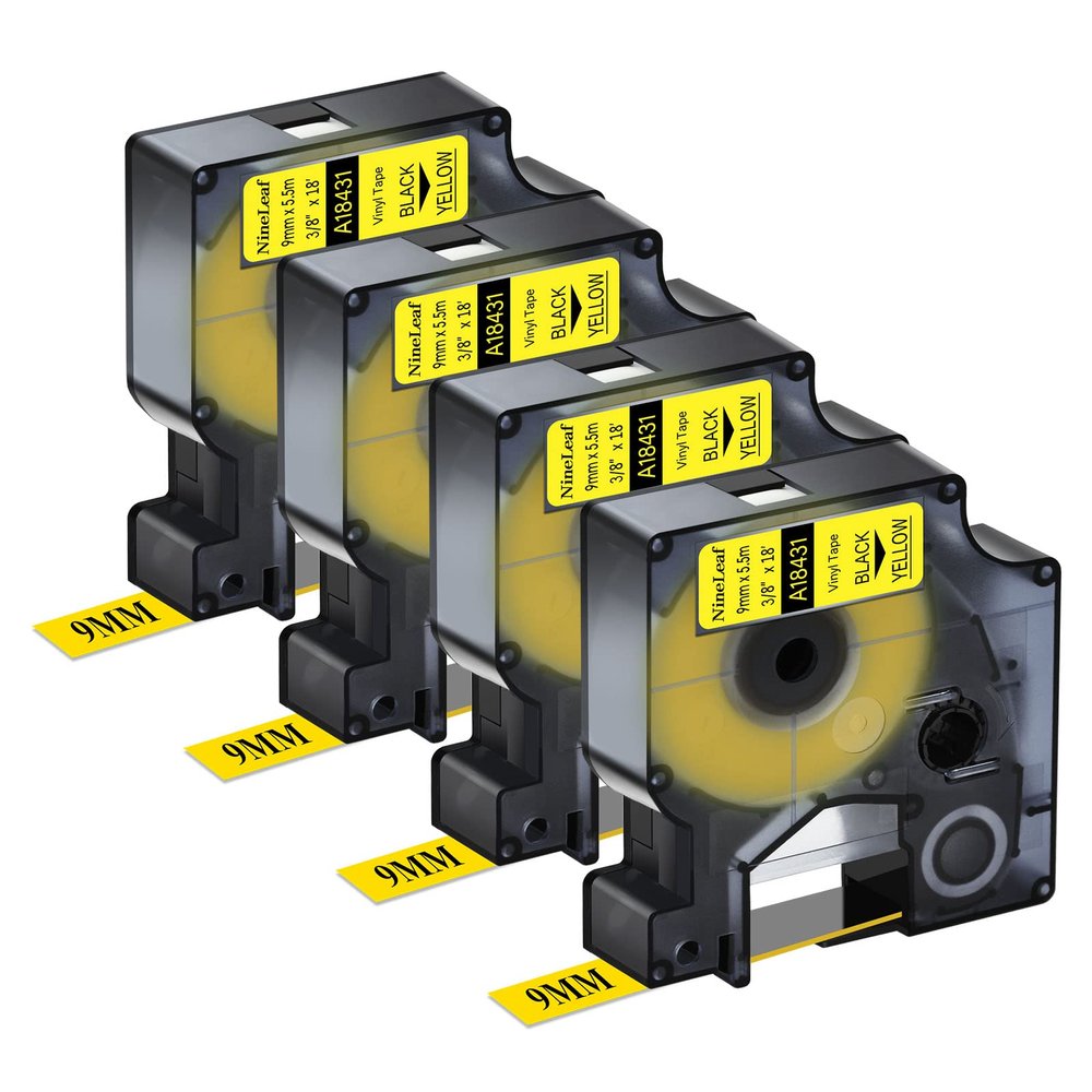 NineLeaf 4 Pack Compatible Industrial Tape Replacement for DYMO Rhino 18431 Black on Yellow 9mm Vinyl Permanent Label Tapes 3/8" x 18' for Rhino 5200 4200 1000 3000 5000 6000 Label Makers