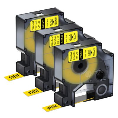 NineLeaf 3 Pack Compatible Industrial Tape Replacement for DYMO Rhino 18431 Black on Yellow 9mm Vinyl Permanent Label Tapes 3/8" x 18' for Rhino 5200 4200 1000 3000 5000 6000 Label Makers
