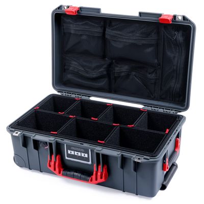 Charcoal Pelican 1535 Air case with Red Handles & latches. Comes with Trekpak dividers & mesh lid organizer.