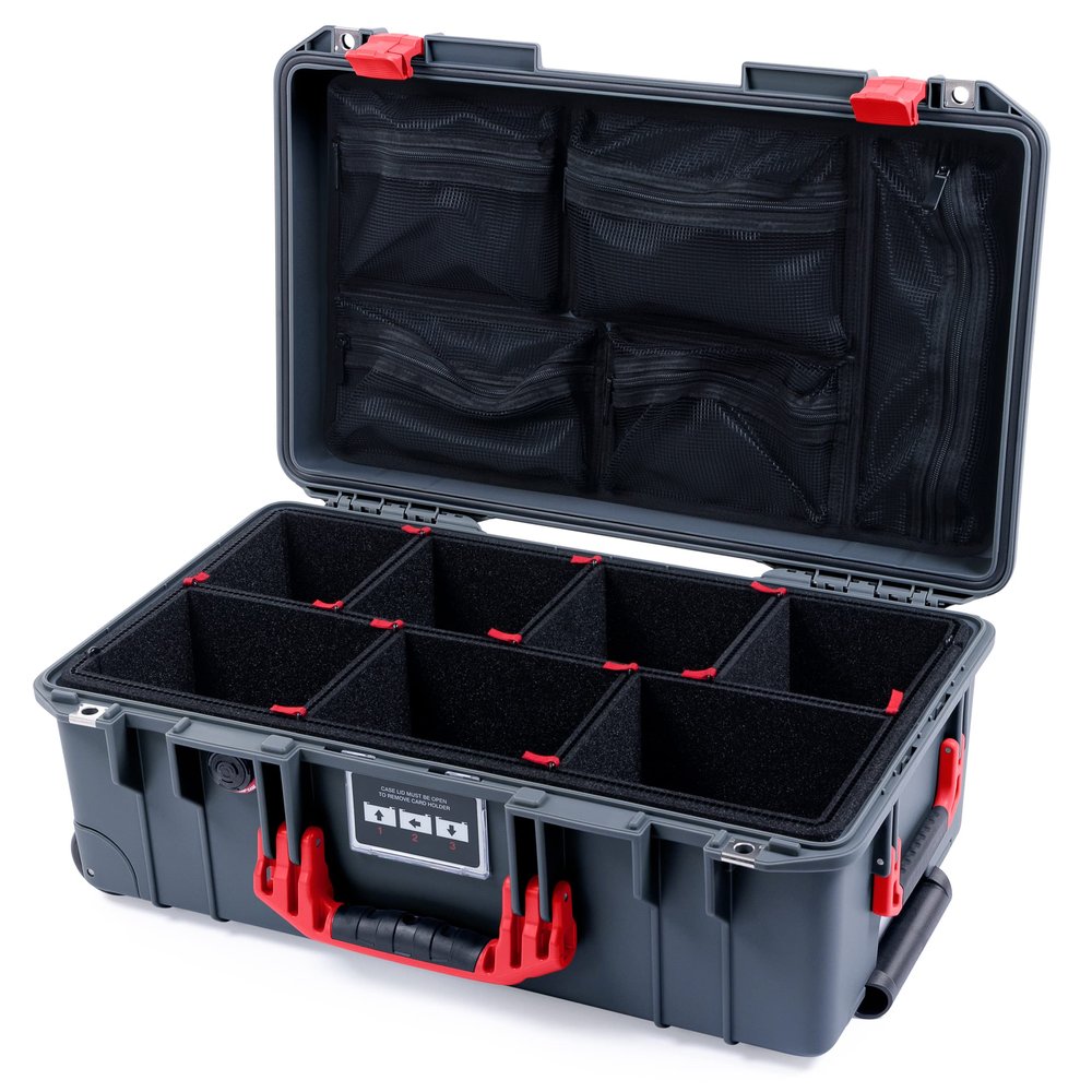Charcoal Pelican 1535 Air case with Red Handles & latches. Comes with Trekpak dividers & mesh lid organizer.