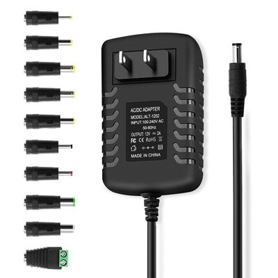 12V 2A DC Power Supply Adapter, Power Cord with 5.5mm x 2.5mm Barrel Jack & 10 Tips - Center Positive, AC 100-240V 50-60Hz to DC 12 Volts 2Amp, for 12VDC Digital Piano/Keyboard LED Strip BT Speakers