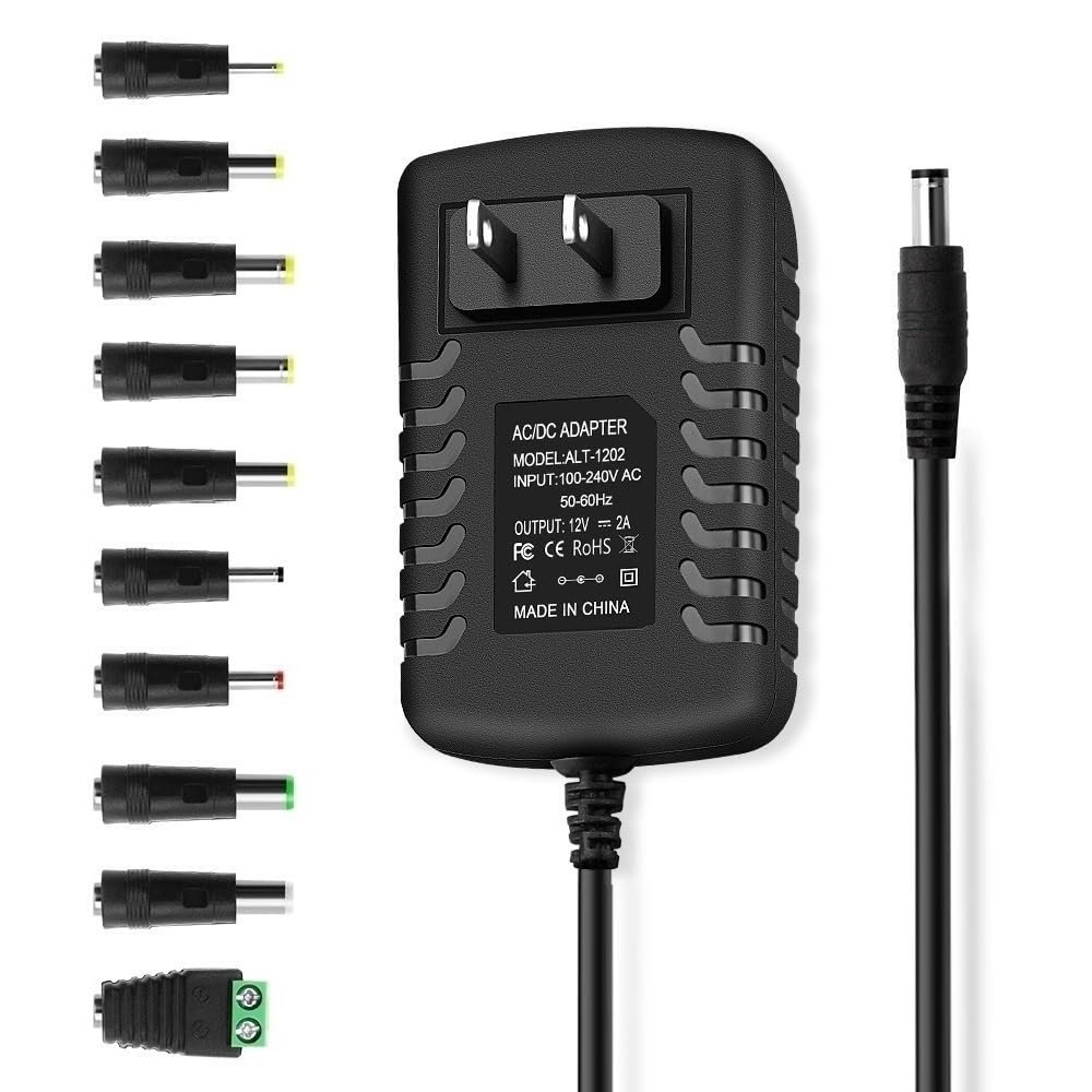 12V 2A DC Power Supply Adapter, Power Cord with 5.5mm x 2.5mm Barrel Jack & 10 Tips - Center Positive, AC 100-240V 50-60Hz to DC 12 Volts 2Amp, for 12VDC Digital Piano/Keyboard LED Strip BT Speakers