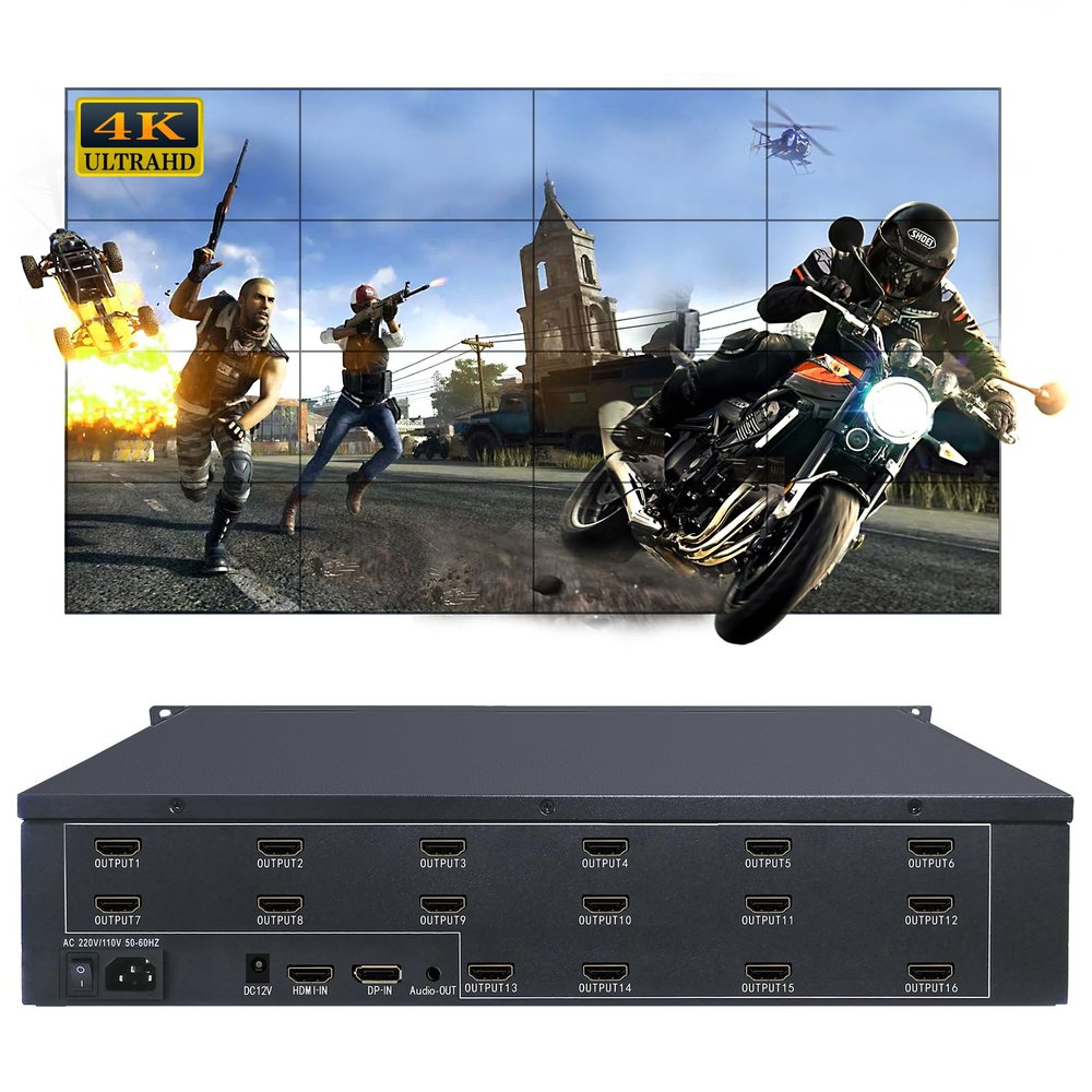 ICUIXIAN Video Wall Controller 4x4 4K60Hz HDMI2.0(HDCP2.2) 1 Input/16 Output TV Wall Controller 4x4, 36 Splicing Mode, 3x5,5x3,3x4,2x8,2x6 Video Wall Processor,180Rotation, 3.5MM Audio, Edge Fusion