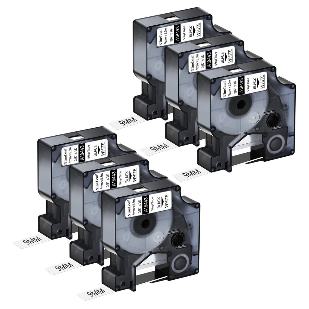 NineLeaf 6 Pack Compatible Industrial Label Tape Replacement for DYMO Rhino 18443 Black on White 9mm Vinyl Permanent Label Tapes 3/8" x 18' for Rhino 5200 4200 1000 3000 5000 6000 Label Makers