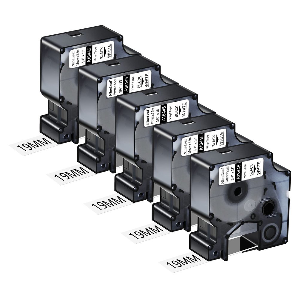 NineLeaf 5 Pack Compatible Industrial Label Tape Replacement for DYMO Rhino 18445 Black on White 19mm Permanent Vinyl Label Tapes 3/4" x 18' for Rhino 5200 4200 5000 6000 Label Makers
