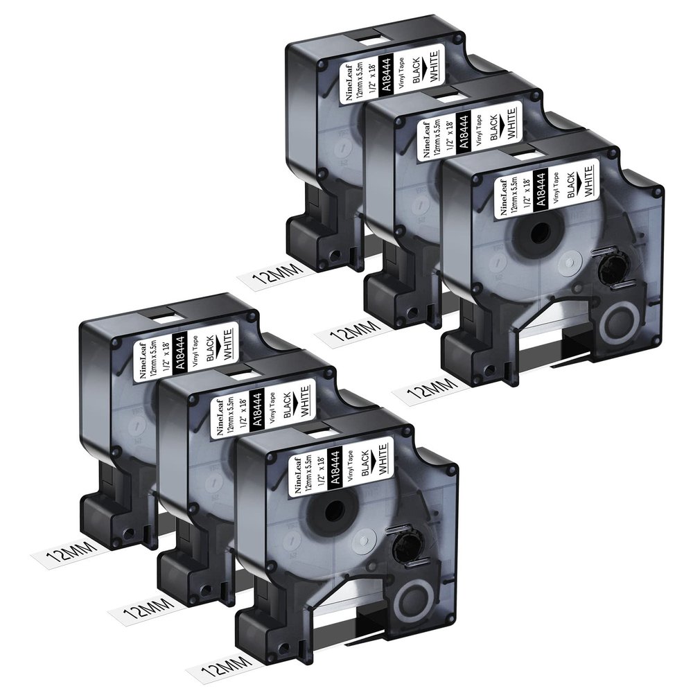 NineLeaf 6 Pack Compatible Industrial Label Tape Replacement for DYMO Rhino 18444 Black on White 12mm Vinyl Permanent Label Tapes 1/2" x 18' for Rhino 5200 4200 1000 3000 5000 6000 Label Makers