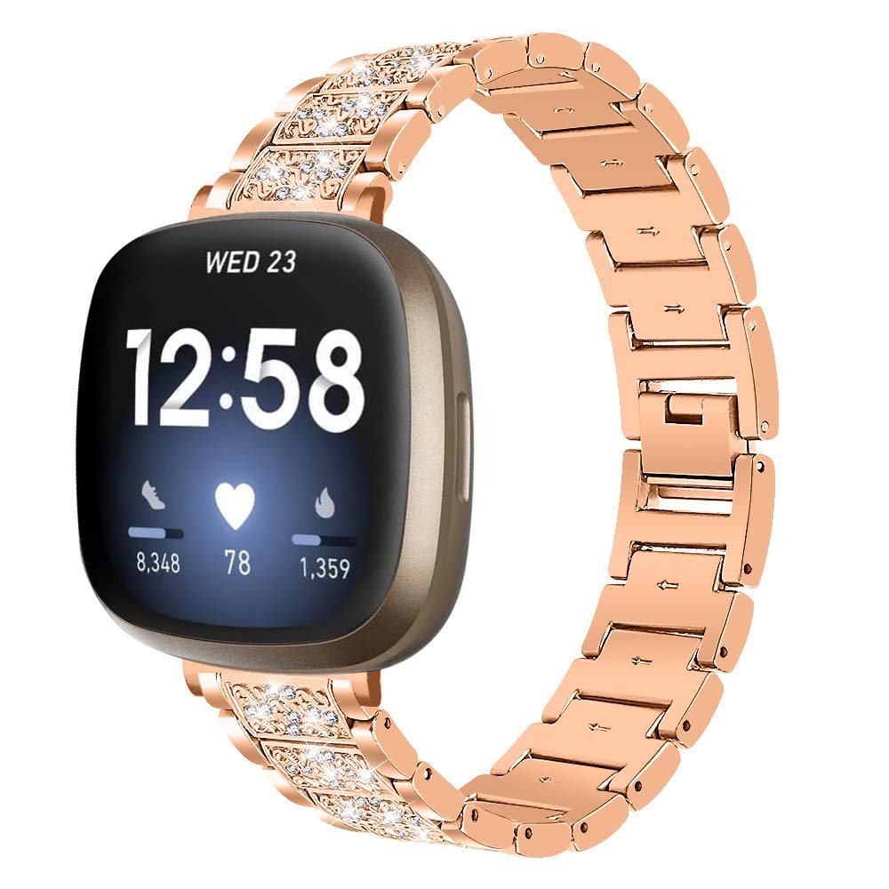 Wrist Strap Compatible for Fitbit Versa 4/Sense 2 Bling Bands for Women, Dressy Metal Stainless Steel Bracelet Rhinestone Jewelry Wristband (Rose Gold)