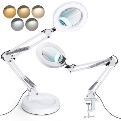 Krstlv 12X Magnifying Glass with Light and Stand, Upgrade Button 5 Color Modes Stepless Dimmable, 2-in-1 LED Lighted Magnifier Light, Hands Free Desk Lamp with Clamp for Craft Hobby Close Work - White