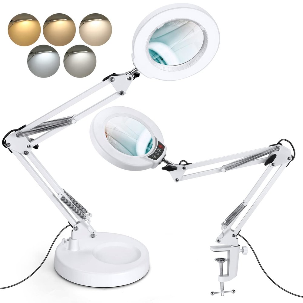 Krstlv 12X Magnifying Glass with Light and Stand, Upgrade Button 5 Color Modes Stepless Dimmable, 2-in-1 LED Lighted Magnifier Light, Hands Free Desk Lamp with Clamp for Craft Hobby Close Work - White
